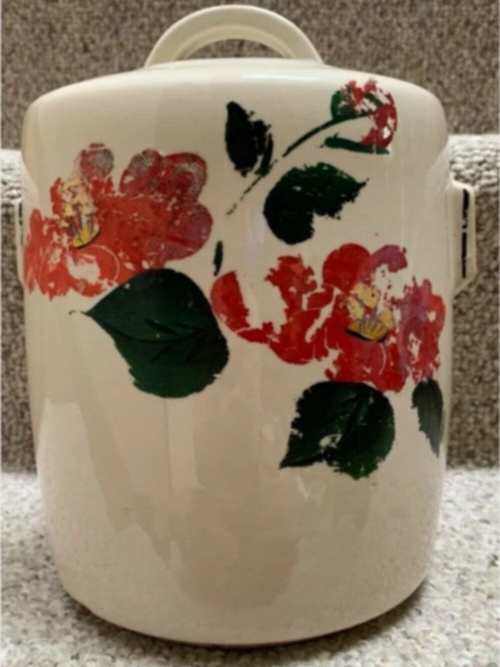 McCoy Pottery Ivory Ceramic Hibiscus Flower Canister Cylinder Cookie Jar